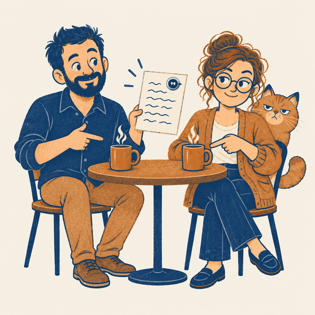 Ilustração: dois colegas numa mesinha de café com duas canecas iguais e cheias; ele aponta orgulhoso para a dele, ela aponta para a dela, também cheia, e o gato espia atrás da cadeira.