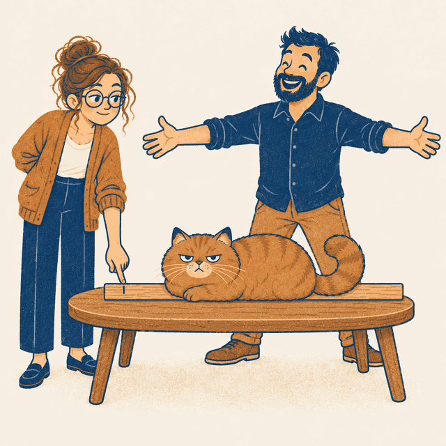 Ilustração: uma régua sobre uma mesa baixa tem uma marca pequena; a colega aponta a marca, o colega abre os braços bem mais largos que ela, e o gato deitado na régua pisca devagar.