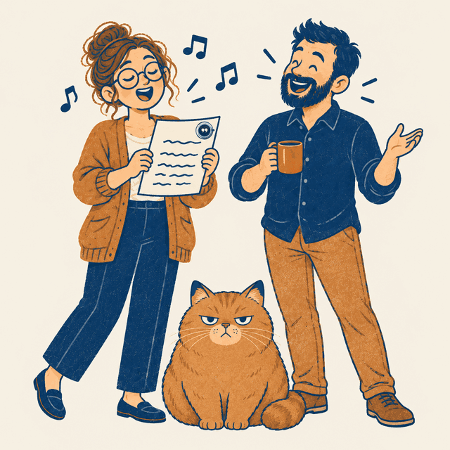 Ilustração: a colega canta feliz segurando uma folha, com notas musicais no ar, o colega ao lado canta junto com uma caneca na mão, e o gato sentado no chão encara o leitor, impassível.