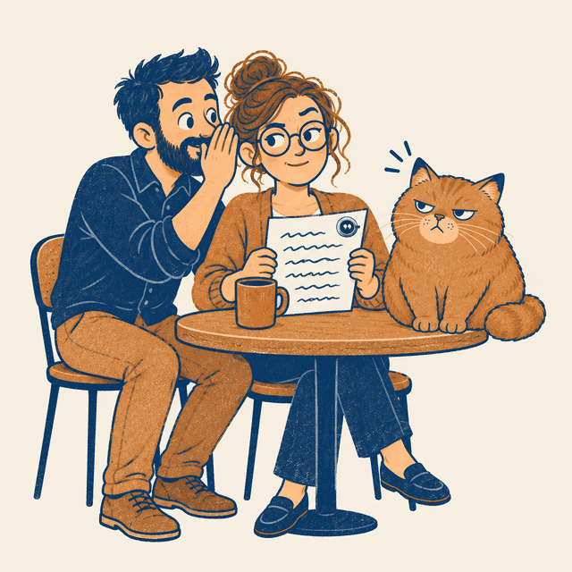 Ilustração: numa mesinha de café, o colega cochicha no ouvido da colega, que segura uma folha rabiscada com a sobrancelha erguida, e o gato sentado na mesa vira a orelha, desconfiado.