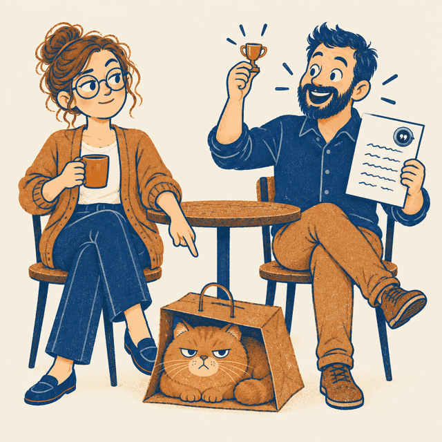 Ilustração: o colega ergue um troféu minúsculo, empolgado, enquanto a colega, de caneca na mão, aponta para uma sacola de compras no chão, onde o gato do café está deitado encarando o leitor.
